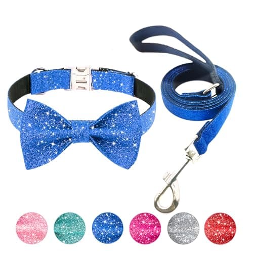 Jumpress Bling Bow Tie Dog Collar and Leash Set, Cute Blue Boy Dog Collar with Bow and 5ft Leash for Small Medium Dogs Daily Walking or Holiday Party (Neck fit 11-16’’) - Image 1