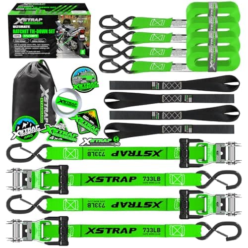XSTRAP Motorcycle Tie Down Strap (4PK) - 2,200lb Break Strength 1" x 15ft Ratchet Tie Down Straps Set, Soft Loop Ratchet Straps for Moving Appliances, Lawn Equipment, Cargo Straps for Trucks, Green - Image 1