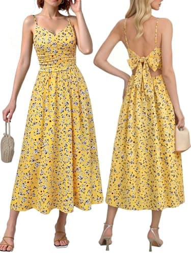 Dofysoffy Women's Hawaiian Dress 2026 Summer Backless Pleated Midi Dress with Pockets (A910 Yellow S) - Image 1