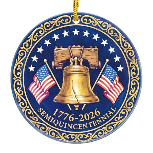 WhatSign 250th Anniversary USA Ornament - 1776-2026 Semiquincentennial Liberty Bell Ceramic Keepsake Vintage Gold Medallion Design Patriotic American History Souvenir Decor Gift for Collectors - Image 1