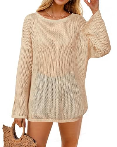 Arach&Cloz 2025 Women's Lyocell Linen Summer Fall Lightweight Oversized Swimsuit Cover Up Off Shoulder Crochet Tops Long Sleeve Boat Neck Shirts Loose Beach Vacation Outfits Casual Cute Apricot XL - Image 1