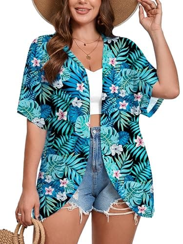 AusLook Women's Plus Size Short Sleeve Lightweight Open Front Cardigan Black Jungle Blooms 1X Cover Ups Shrugs Shawls and Wraps Kimono Jacket Coat - Image 1