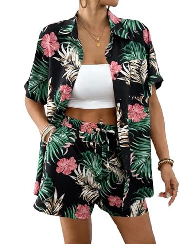 Bsubseach 2 Piece Sets for Women Beach Cover Up Summer Short Sets Tropical Vacation Outfits Leaf Flower Print XXL - Image 1