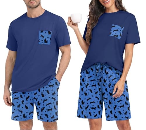 PrinStory Women's Pajama Sets - Soft Comfort Pjs Loose Fit Classic Crewneck Tops with Bottoms Loungewear Sleep Set Blue Cat 2XL - Image 1
