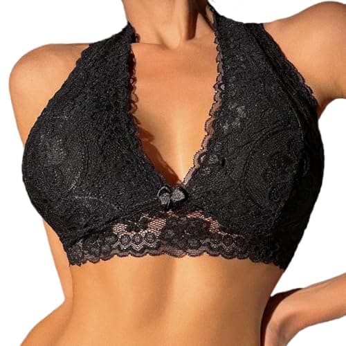 Viomisha Floral Lace Halter Bralette for Women Unpadded Wirefree Lace Bra Halter Crop Top with Hook and Eye Closure Back Black - Image 1