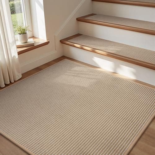 Jute Stair Landing Mat-Square Non Slip Stair Treads for Wooden Steps-Peel and Stick Stair Carpet Indoor, Adhesive Staircase Step Treads Residue Free, Natural Landing Mat for Stairs,31"x31" Beige - Image 1