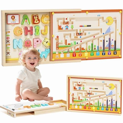 LIOKLICK 4-in-1 Magnetic Color and Number Maze, ABC Animal Alphabet Puzzles with Drawing Board, Wooden Montessori Toy Storage Box for 3-5 Year Old, Toddler Educational Learning Toy for Kids Boys Girls
