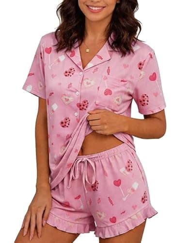 Marvmys Women Button Front Pjs Set Summer 2 Piece Soft Pajamas Sleepwears Cute Ruffle Lounge Set with Pockets Pink Goblet XXL - Image 1