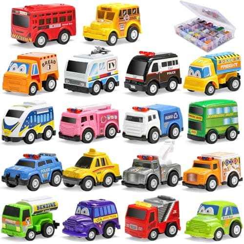 18 Pack Assorted Pull Back Car Toys for Kid with Storage Organizer Box, Mini Model Vehicle Set with Display Case for Child Toddler, Small Play Truck Bulk for Boy and Girl Party Favors, Birthday Gift - Image 1