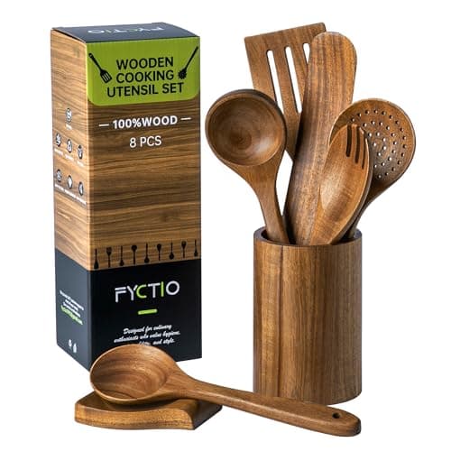 8 PCS Wooden Utensil Set with Holder, Spoon Rest, Durable Wooden Spoons for Cooking, Heat-Resistant, Comfort Grip,Easy to Clean, Non-stick Friendly, Ideal for Gifting - Image 1