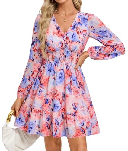 GRACE KARIN Summer Floral Mini Dress 2026 Fall Long Sleeve Wedding Guest Dress A Line Flowy Boho Short Dresses with Pockets Blue Red Floral L - Image 1
