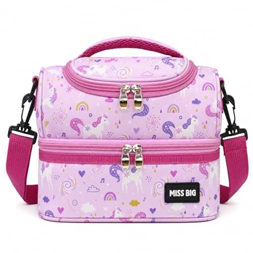 MISS BIG Kids Lunch Bag for Girls, Pink Unicorn Insulated Lunch Bag with Two-Tier Storage, Adjustable Shoulder Strap, Lunch Box Bag for Kids, School, Daycare, Picnic, Travel - Image 1