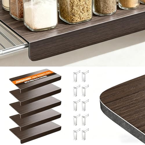 5 Pack Wire Shelf Covers for Pantry, Closet & Kitchen - Waterproof PVC Wire Rack Covers Shelves with Wood Grain Finish - Metal Shelf Liner with Acrylic Clips for Stability - Image 1