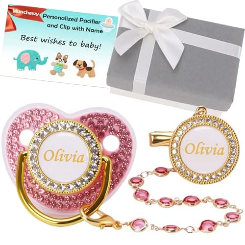 Custom Pacifier with Name, Bling Personalized Pacifier Clip Set with Gift Box, Glitter Crystal Luxurious Soother Dummy Ideal Gift for Boys Baby Shower Newborn Photography(Bling Pink) - Image 1