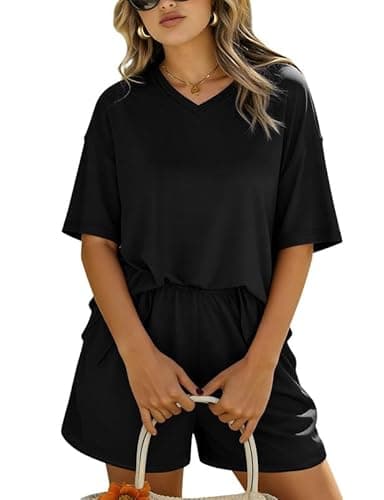 Marvmys Womens Pajamas Set 2 Piece Oversized Outfits Short Sleeve T-shirt Top and Shorts Sleepwear Soft Black S - Image 1