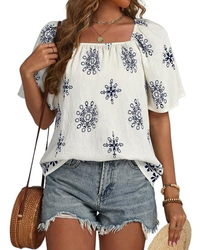 IEEILULU Boho Tops for Women Summer Square Neck Floral Print Loose Fit Blouses Tunic Casual Beach Vacation Shirts White Navy M - Image 1
