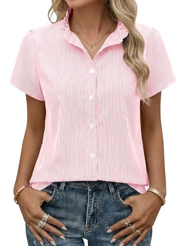 Funlingo Button Down Shirts for Women Short Sleeve Ruffle Collared Striped Blouses Summer Office Work Tops Business Casual Outfits 2026 Pink White M - Image 1