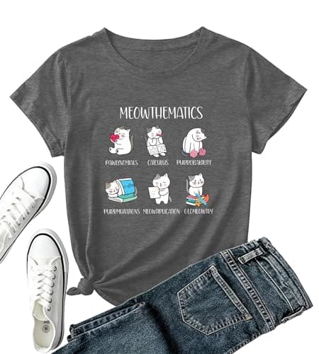 Math Teacher Shirt for Women-Funny Math Cat Pun Short Sleeve Math Lover Shirt Teacher Appreciation Gift Tops A-Gray - Image 1