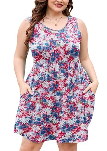 AusLook Plus Size Summer Tank Dress for Women Luxuriant Flowers Red 4X Casual Sleeveless Crewneck Flowy Pleated Sun Maternity Tunic Dresses Babydoll Tshirt Swing Vacation Sundresses with Pockets - Image 1