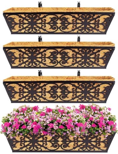 Karlliu 4 Pack 24 Inch Window Boxes Planters Railing Planter Box with Adjustable Brackets & Coco Liners Fabric Plant Grow Bags Deck Railing Planter Boxes Balcony Hanging Flower Box for Outdoor Plants - Image 1