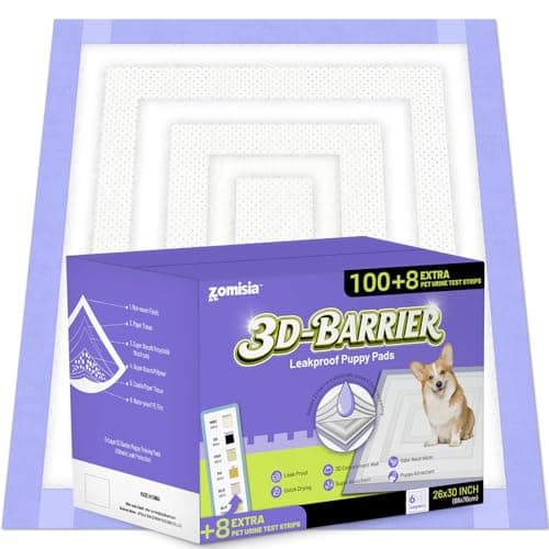 ZOMISIA 3D-Barrier Puppy Pee Pads for Dogs, 12 Cups Absorb & Rise Puffy Gel-Wall Leak-Proof, 26"x30" 100 Counts + 8 Pet Urine Test Strips, Super Absorbent Disposable Potty Training Pads - Image 1