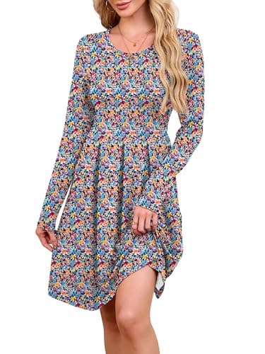 KORSIS Womens Dress Casual Swing T Shift Autumn Winter Long Sleeve Round Neck Tunic Loose Patry Work Floral Dresses with Legging Medium - Image 1