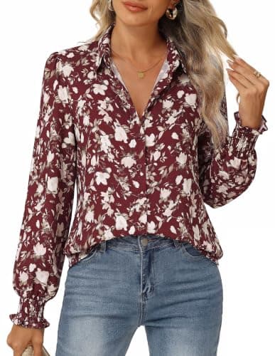 GRACE KARIN Women's Boho Floral Button Down Shirts, 2026 Fall Long Sleeve Blouses, Dressy Casual Fit Vacation Work Tops Reddish Brown M - Image 1
