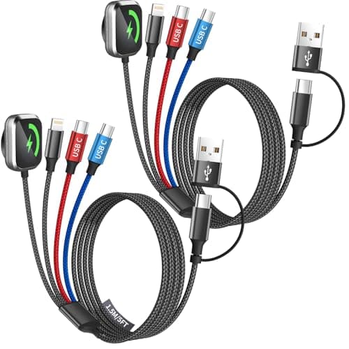 Dual Type-C Port 4 in 2 Multi Charging Cable for iWatch Charger/iPhone17/IP, Cruise Travel Essentials 2026, USBA/USBC Cable for iWatch Ultra/SE/11-2, iPhone17-8, Pad, GalaxyS26, Car Charger- 2Pcs 5FT - Image 1