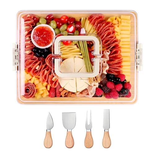 CAWIU Charcuterie Board with Lid and Handle - Portable Travel Design Bamboo Cheese Board Set with 4 Cheese Tools, Gift for Housewarming, Weddings, Picnics(8 Compartments, White) - Image 1