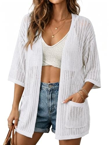 BB&KK Summer Lightweight Cardigan for Women 3/4 Sleeve Knit Boho Kimono Crochet Cardigans with Pockets White M - Image 1