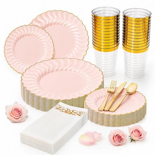 175pcs Pink Plastic Plates for Party, Scalloped Pink Disposable Plates with Gold Rim Elegant 25 Dinner, 25 Dessert Plate, 25Cups, 25 Napkins, 75 Gold Silverware for Baby Shower/Birthday/Weddings - Image 1