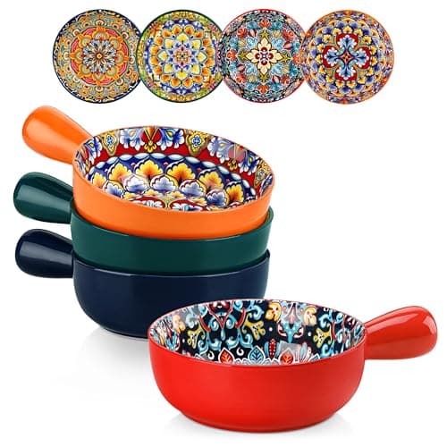vancasso Soup Bowls with Handles, 23 Oz French Onion Soup Bowls Oven Safe, Bohemian Ceramic Soup Crocks for Cereal, Pasta, Beef Stew, Chilli, Microwave Dishwasher Safe-6.2 inch, Set of 4 - Image 1