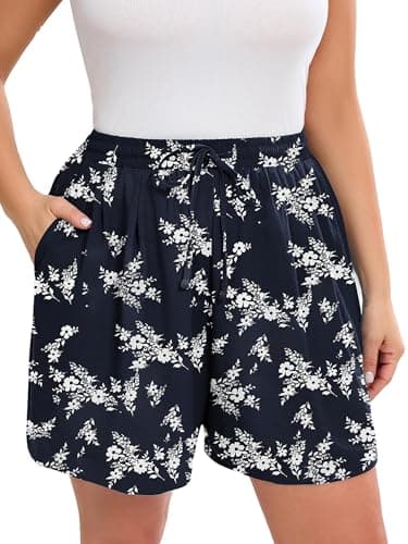AusLook Plus Size Women's Casual Wide Leg Shorts 5X White Flower Navy Lightweight High Waisted Adjustable Tie Knot Loose Summer Baggy Short Pants with Pockets - Image 1