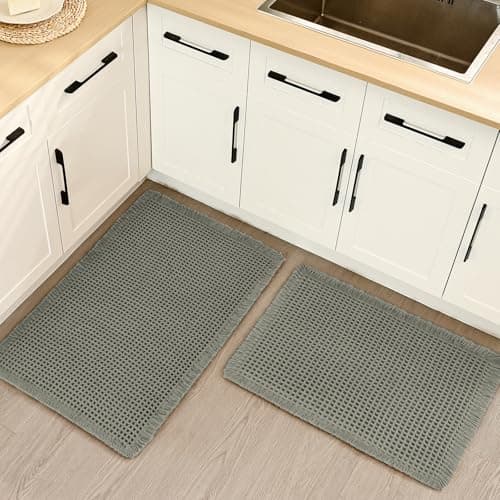 Siyaluens Luxury Waffle Bath Mat, Super Absorbent Non Slip Bathroom Rugs, Boho Ultra Soft Comfort Machine Washable Quick Dry Floor Mats with Tassels (Olive Green, 17" x 24" + 20" x 30") - Image 1
