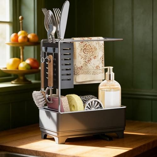 MOUKABAL Sponge Holder for Kitchen Sink, 2-Tier Sink Caddy Organizer with Drain Holes and Hooks, Holds Dishcloth, Sponge & Brushes, Kitchen Countertop Storage for New Home Essentials Grey - Image 1