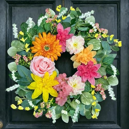 MAISONRINA Spring Wreaths for Front Door 24 Inch,Outdoor Front Door Wreath with Florals Peony & Rose, Artificial Spring Summer Wreath for Porch Garden Wall Window Farmhouse Indoor Outdoor Home Decor - Image 1