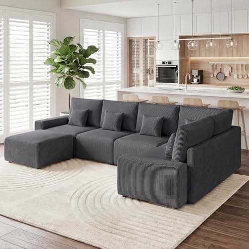 Luxury Oversized Corduroy Modular Couch, Comfy U-Shaped Cloud Sectional Sofa with Deep Seats, Moveable Ottomans, Modern Minimalist Sleeper Sofa for Living Rooms (6-Seater U Shaped, Grey)