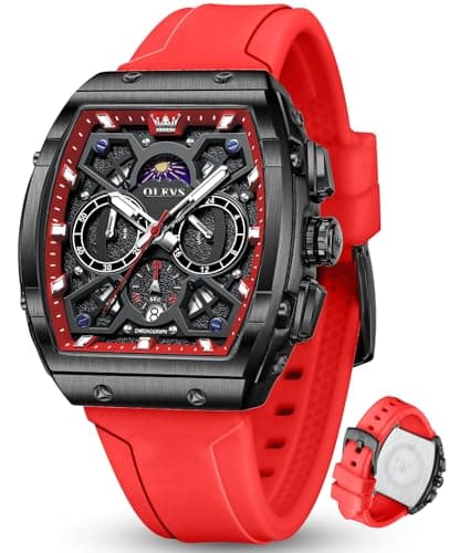 OLEVS Mens Watch Luxury Quartz Red Silicone Strap Sport Watch for Men with Date 3ATM Waterproof Black Dial Fashion Large Square Face Style Watches Surprise Gift for Men Relojes para Hombres - Image 1