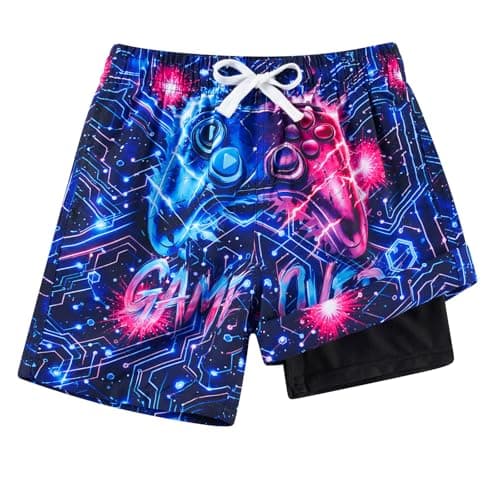Cozople Boys Neon Swim Trunks Size 8 Summer Quick Dry UPF50+ Swim Shot with Side Pocket Purple Video Game Controller Graphic - Image 1