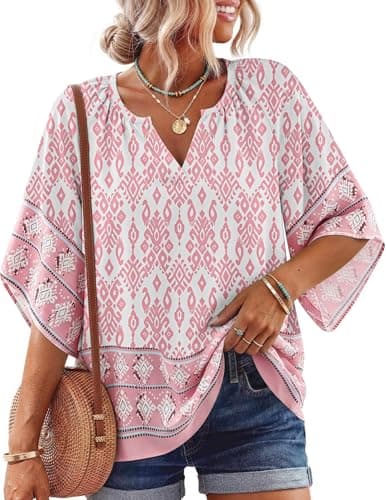NILOINE Womens Summer 3/4 Sleeve Boho Tops V Neck Floral Print Bohemian Pleated Blouses Dressy Plus Size Tunic Tops Beach Vacation Shirts(1-Multi Pink,Medium) - Image 1