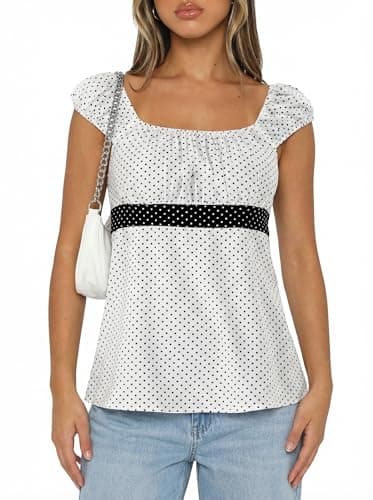 Women's Babydoll Tops Y2k Fairy Baby Doll Tops, Cap Sleeve Polka Dot Top with Adjustable Waist Tie, Flowy Preppy Summer Top - Image 1