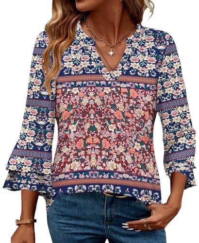 IEEILULU 3/4 Length Sleeve Womens Tops V Neck Tunics Ruffle Sleeve Tops Blouses for Women Dressy Casual (US, Alpha, XX-Large, Regular, Regular, Blue) - Image 1