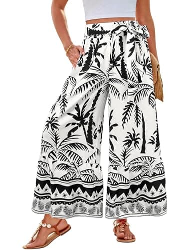 GRACE KARIN Women's Spring Summer Flowy Lounge Pants High Waisted Wide Leg Loose Pull On Pants with Belts White Floral - Image 1