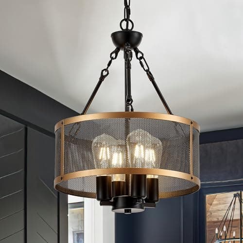 brfaixla Modern 14" Small Black Gold Mesh Drum Chandelier for Dining Room Industrial Retro Semi Flush Mount 4-Light Round Ceiling Light Fixture for Kitchen Bedroom Living Room Hallway Entryway Foyer