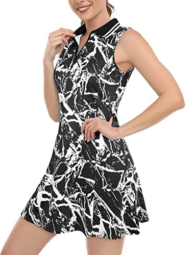 FREEYE Golf Dress with Shorts Underneath, Tennis Dresses with Pocktets Athletic Summer Casual Collared Tank Dress Workout Casual Zippered Sport Clothes Attire Active-Wear Black and White Tie-Dye XL