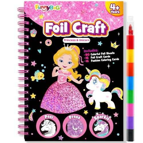 FUNNYB&G Foil Art Craft Kit for Girls 4-10 Years Old: Mess-Free & No-Glue, Create 16 Sparkly Princess Unicorn Pictures – Perfect Travel Toy & Birthday Gift for Kids (Princess) - Image 1