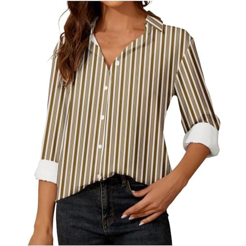 Striped Shirt Women Long Sleeve Summer Fall Blouse Khaki - Image 1
