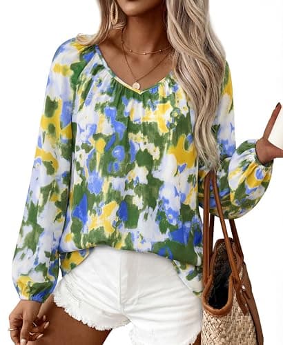 Zenlonr Women's Summer Tops Dressy Casual 2026 V Neck Satin Silk Printed Shirts Boho Long Sleeve Work Blouses(Floral Laurel Green,Medium) - Image 1