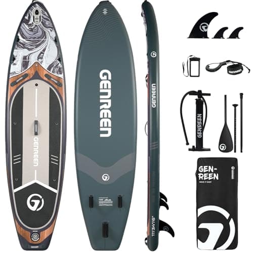 Genreen Paddle Board Stand up Inflatable SUP 11'x34' Thickened PVC 3 People 5 Grips 3 Fins Double Layer Edge 450LBS Multi Mount x2 Fishing Ink Teal - Image 1
