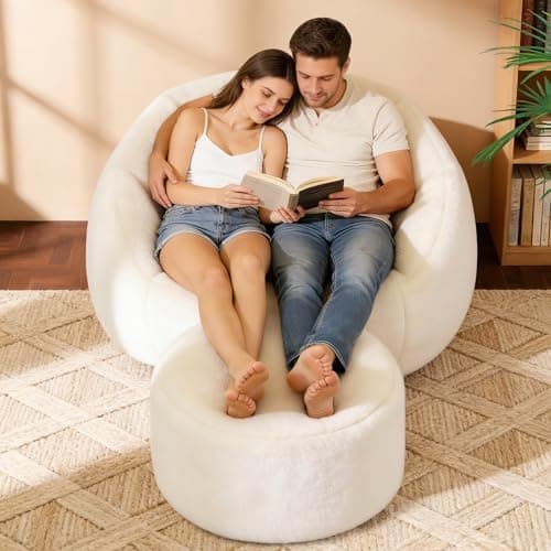 Oversized Bean Bag Chair with Footstool for Adults and Kids, Giant Fuzzy Accent Reading Chair with Ottoman Pouf, Lounge Chair Chaise Indoor, Faux Fur Round Large Floor Sofa Couch for Game, Nap, Beige - Image 1